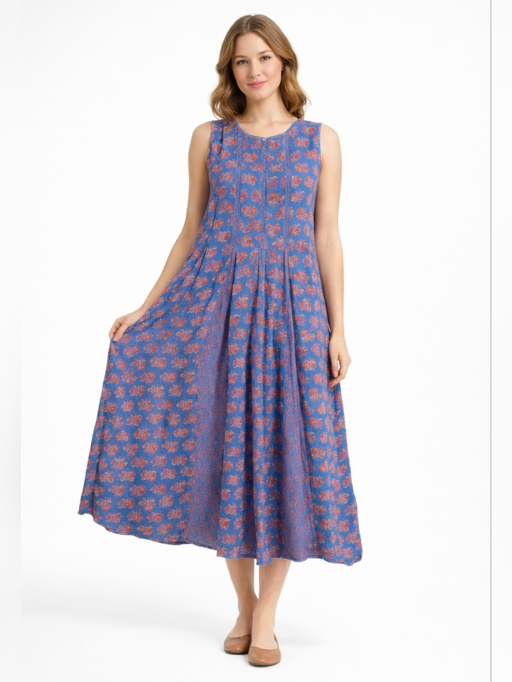 April Cornell Flowy A-line Floral Pleats Cottage Dress Vintage Sleeveless Small